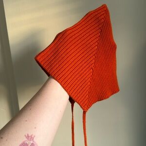 Kids Orange Knit Bonnet Hat with Ties